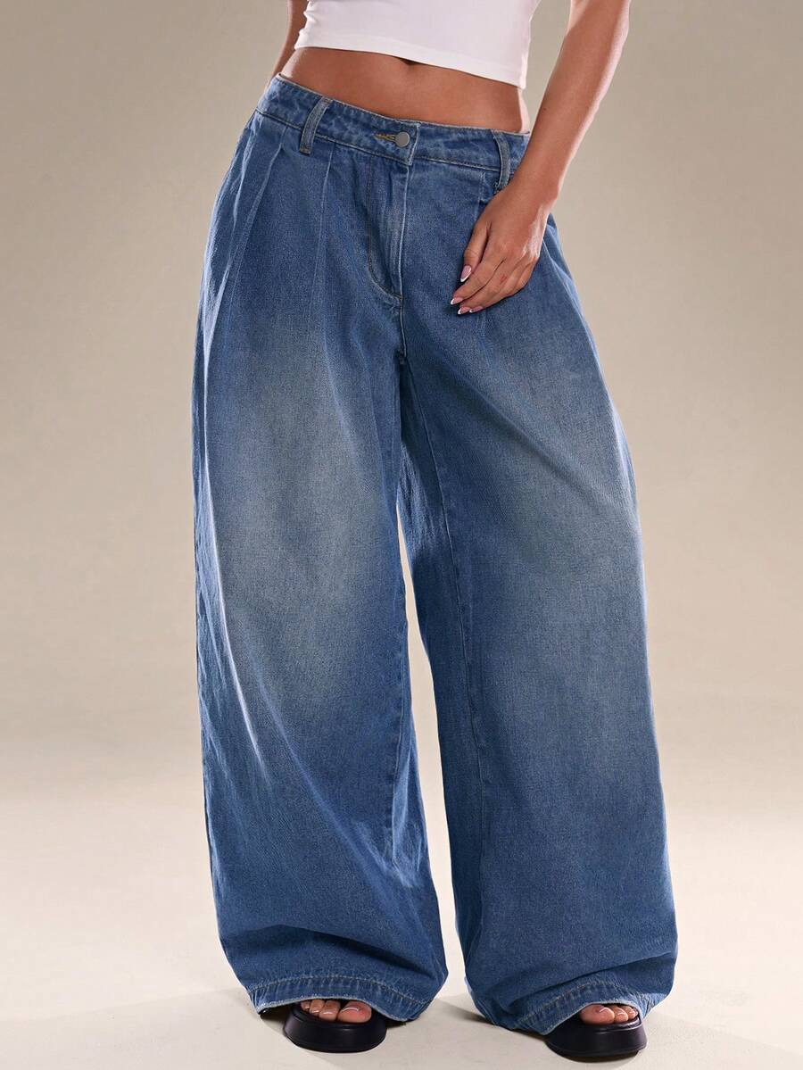 Avantive Jeans casuales y versátiles de pierna ancha y plisados para mujer