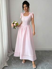 Selianne Women's Elegant Light Pink Summer Tea Party Long Dress,Square Collar Bowknot Shoulder Straps,Single-Breasted Flared Hem Vintage Wedding Guest Dress - Pink - View 5
