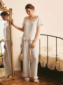 Côtesoire Southern French Style Solid Color Round Neck Lace Trim Contrast Color Ruffle Hem Short Sleeve & Long Pants Women Pajama Set - Apricot - View 5
