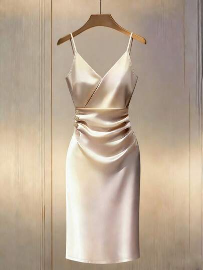 Franclia Vestido midi romántico para vacaciones con tirantes finos, escote en V, volantes en el bajo y falsa abotonadura en la cintura en forma de línea A para mujeres