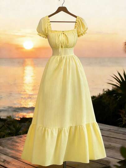 Elenzga New Women's Woven Textured Crinkle Fabric Bubble Sleeve Tie Front Backless Cinched Waist Dress, Flattering, Elegant, Suitable For Vacation, Casual Dates, Young And Refined