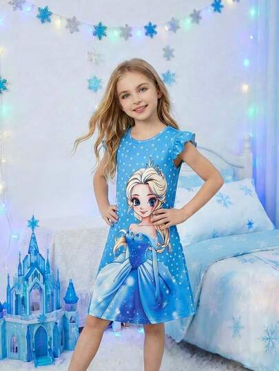 1pc Girls Cute Graphic Knit Round Neck Princess Pattern Soft Comfortable Pajamas, Best Gift For Little Girls