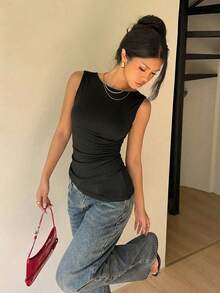 Siren Gaze Siren Gzae 露背社交上衣夏季女式纯色圆领露背休闲百搭日常T恤露背上衣女式露背上衣女式露背上衣夏季女式上衣 - 黑色 - 查看 3
