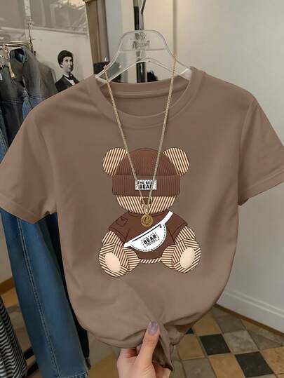 Resyla 女士休闲时尚街头风卡通泰迪熊印花圆领短袖T恤，适合夏季日常通勤