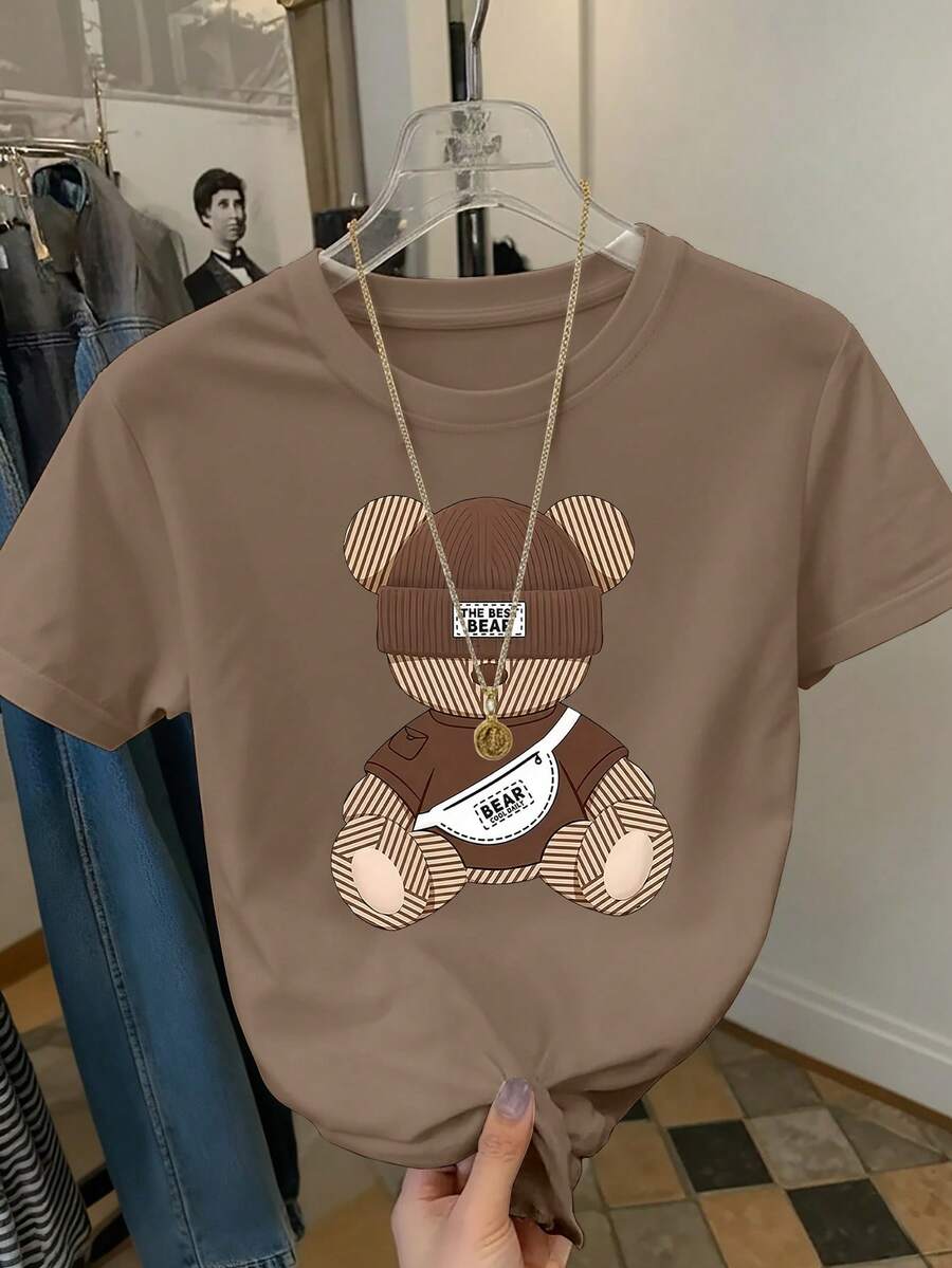 Resyla Women's Casual Fashionable Street Wear Cartoon Teddy Bear Print Round Neck Short Sleeve T-Shirt, Suitable For Daily Commute In Summer - Brown - View 1