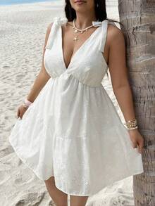 SHEIN EZwear Vestido informal de talla grande de unicolor con bordado sin mangas - Negro - Ver 6