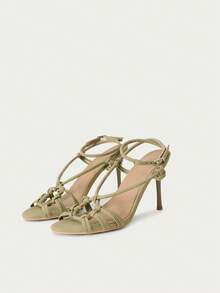 Nöista Knotted Strappy Heel Sandals. A Sophisticated Olive Suede Finish Featuring Intricate Knotted Strap Details And A Slender Stiletto Heel-The Perfect Fusion Of Organic Texture And High-Fashion Elegance For Any Evening Look. - Light green - View 2