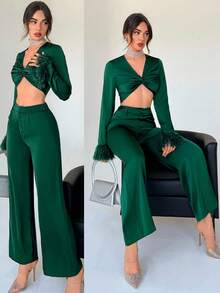 Aloruh girante delantero de peluche puño Top crop & Pantalones de pierna ancha - Verde Oscuro - Ver 1