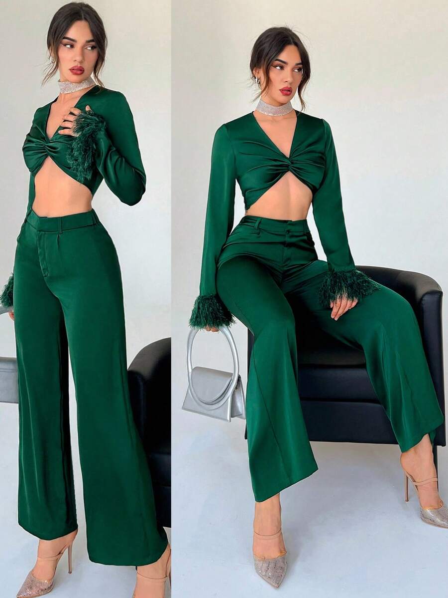 Aloruh girante delantero de peluche puño Top crop & Pantalones de pierna ancha - Verde Oscuro - Ver 1