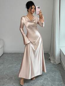 Modelyn Spring & Summer Long Sleeve Draped Neck Waist Cinched Dress With Pearl Decor, Satin Fabric - Apricot - View 1