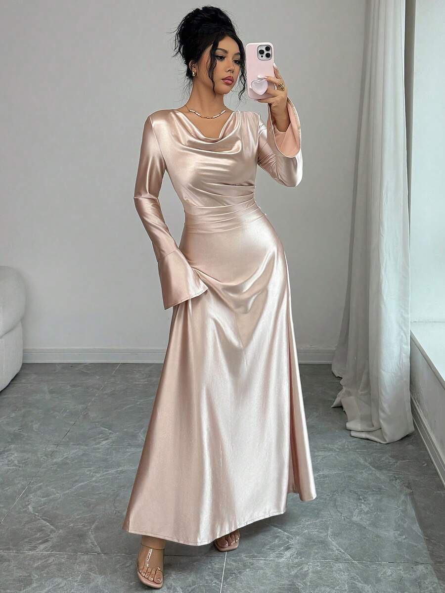 Modelyn Spring & Summer Long Sleeve Draped Neck Waist Cinched Dress With Pearl Decor, Satin Fabric - Apricot - View 1