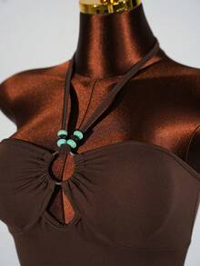 SaltGleam SaltGleam 性感优雅度假风露背系带荷叶边上衣和迷你裙两件套 - 棕色 - 查看 7