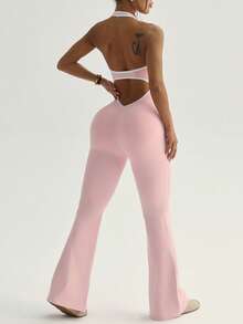 SHEIN Sovereign Charm Women's Sleeveless Jumpsuit, Macaron Pink, Hollow Front Panel, Contrast Trim Neckline And Back, Sexy & Fashionable, Suitable For Daily Casual Wear, Running, Yoga, Tennis, Golf - Pink - View 3