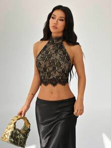 SHEIN PETITE 女士蕾丝吊带露背性感黑色吊带衫 - 黑色 - 查看 7
