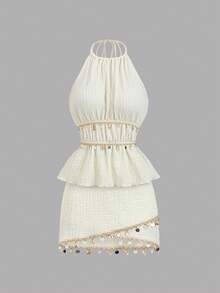 Sweetra 女士米色褶皱吊带流苏吊带背心和不对称下摆半身裙套装，春夏款 - 杏色 - 查看 3