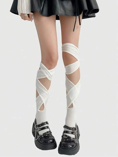 ROMWE Anime Y2K Punk Style Asymmetrical Cross Tied Over-The-Knee Socks, Adjustable Solid Color Women Thigh High Stockings