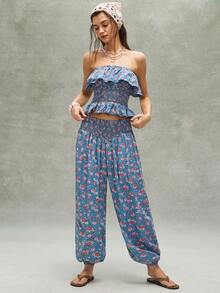 Bohemela 女士度假休闲碎花荷叶边抹胸上衣和裤子两件套 - 藍色 - 查看 6