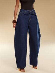 Normani Women's Navy Blue Y2k Wide-Leg Jeans,Autumn Casual Everyday Low Rise Dark Wash Denim Trousers,Vintage 90s Streetwear Baggy Working Pants With Straps - Medium Wash - View 6