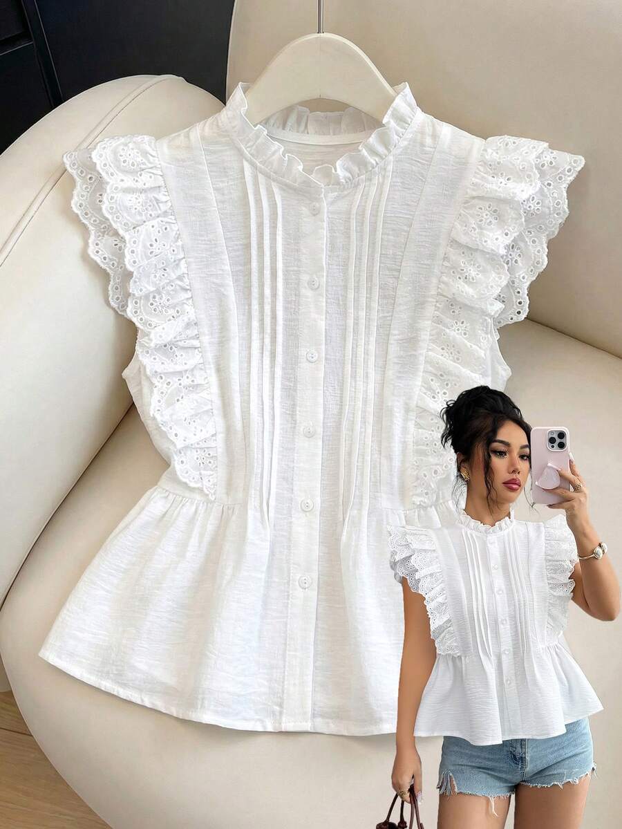 Elenzga Damen Frühling/Sommer Casual Urlaubs Weißes Einfarbiges Cut Out Besticktes Spitze Patchwork Hemd, geeignet für Reisen und Pendeln - Weiss - Übersicht 1