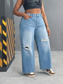 EMERY ROSE Quần jean ống rộng dáng rộng không co giãn, giặt cũ, màu xanh nhạt thanh lịch dành cho nữ cỡ lớn - Rửa nhẹ - Xem 6