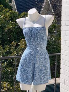 SHEIN EZwear 女士碎花吊带露背连体衣 - 淺藍色 - 查看 7