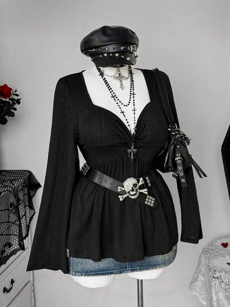 Sunspun Plus Size Women's Black Goth Babydoll Top, Long Sleeve Gothic T-Shirt For Autumn, Formal Evening Night Out Club, Casual Commuter Western - Black - View 1