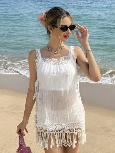 MainGRL White Woven & Lace Splice Design Women's T-Shirt, Side Tie-Up Detail, Fashionable Spring Casual Outfit For Outdoor Wear