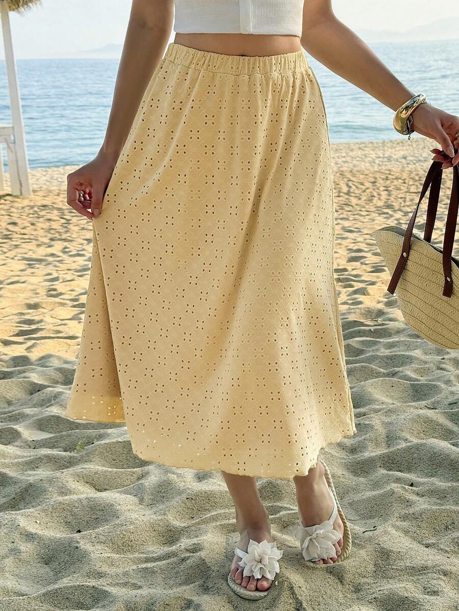 MainGRL Women's Yellow Lace Openwork Slip Dress With Lining, Suitable For Easter, Outings, Beach, And Spring/Summer Vacation Wear. - Light Yellow - View 1
