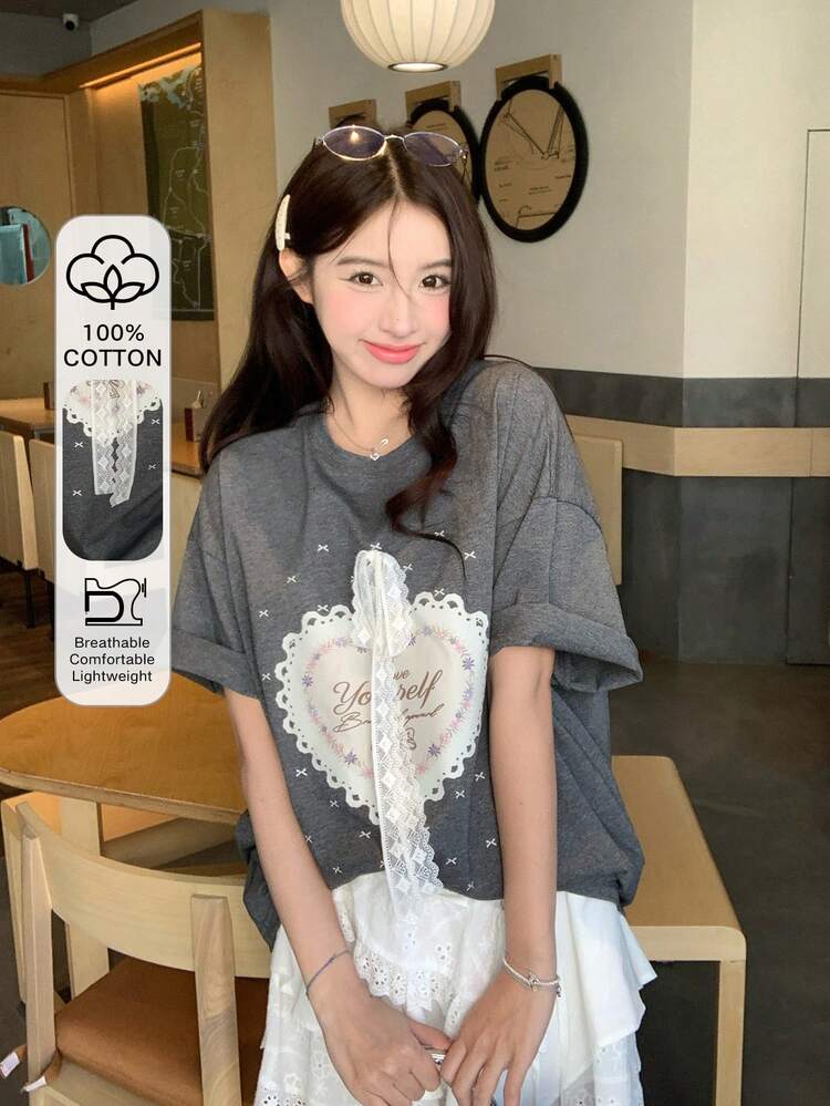 Women's Heart & Bow Print Short Sleeve T-Shirt, Casual Tee For Girls Summer