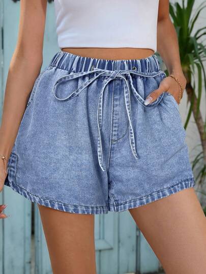 Vivid Eden New Plus Size Women's Denim Shorts, Summer Casual Drawstring Loose Denim Shorts, Blue Denim Shorts   Everyday Outing Outfit. Summer Outfits  Spring Women Beach Outfit For Women Vacation Outfits Women