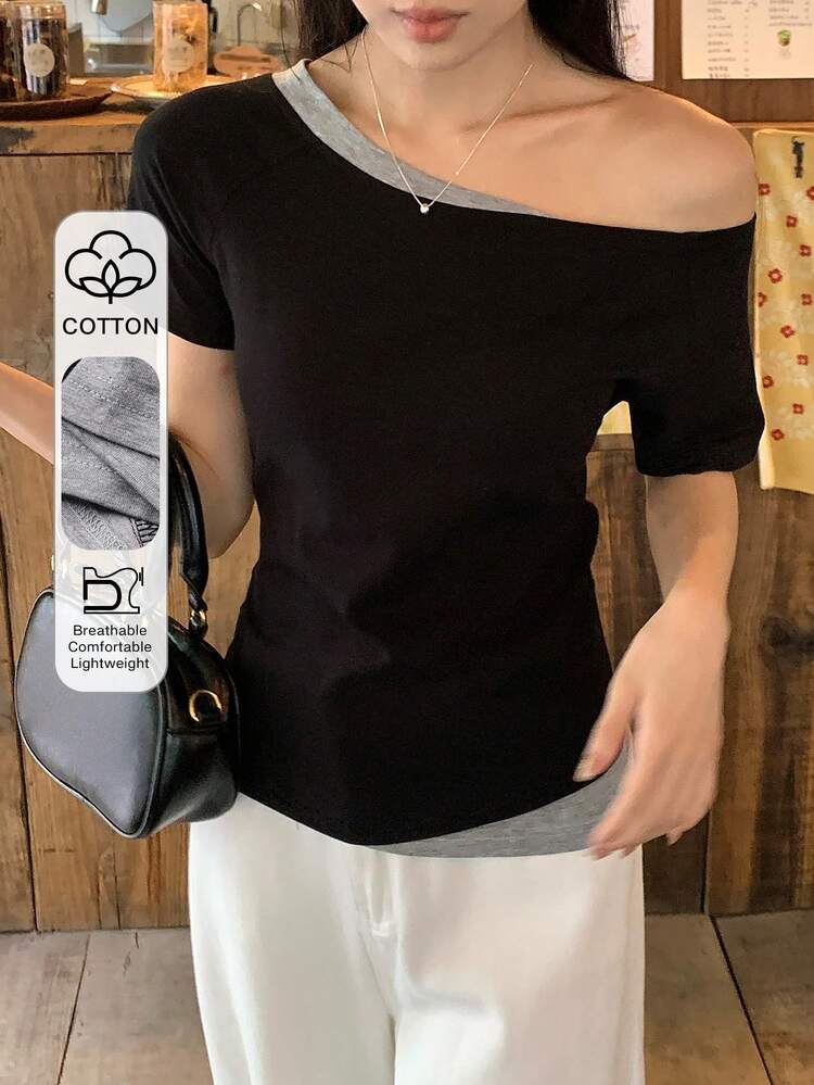 Women's Solid Color Asymmetric-Shoulder Short Sleeve Casual Contrast Color 2 In 1 T-Shirt Summer