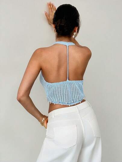 Firerie Women's Hollow-Out Pearl Tassel Knit Halter Top, Spring/Summer