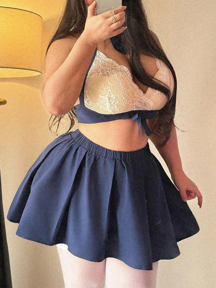 Flirla 女士藏蓝色吊带露背蕾丝短款上衣系带迷你裙两件套，性感迷人，大码 - 藏蓝色 - 查看 1