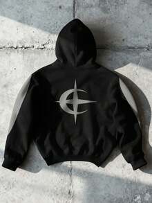 Manfinity EMRG 街头艺术图案印花连帽长袖卫衣，男士休闲套头衫，秋季款 - 彩色 - 查看 2