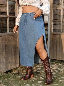 Breezaya Plus Size Women's Spring/Summer Vacation Side Slit Denim Skirt - Medium Wash - View 6