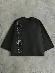 AXEPEAK 男士字母印花宽松圆领落肩七分袖T恤，简约风格 - 黑色 - 查看 8