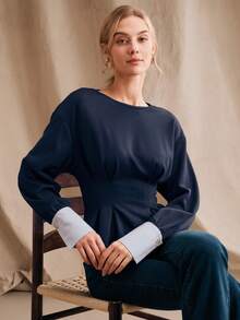 Anewsta 女士秋季条纹拼接卫衣，褶裥腰部设计，优雅套头衫 - 藏蓝色 - 查看 7