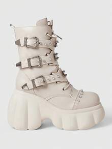ROMWE Grunge Punk Women Heeled Sandals~ 2025 New Fashion Autumn And Winter Punk Style Beige PU Round Toe Rivet Front Lace-Up Platform Riding Boots Women Small Height Goth Metal Handsome Locomotive Boots Hot Girls Fried Street Small Boots - Beige - View 4