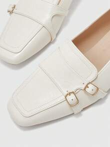 CUCCOO BIZCHIC Women's Fashion Chunky Heel Loafers, Metal Buckle Square Toe Shoes - Beige - View 4