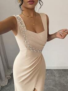 xheSHEIN Elenzya Vestido elegante y romántico para damas, con cuello cuadrado sin mangas, decoración de perlas en la cintura, plisado, abertura, ajustado, ligero, para fiesta y cóctel, con bajo de cola de sirenaxhe - Albaricoque - Ver 6