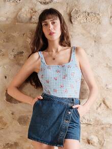 lacRébo Blue Gingham Floral Bodysuit With Rose Detail And Open BackRib Fabric Spring Summer French Style Parisian Style - Blue - View 3