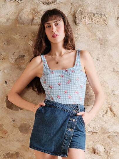 lacRébo Blue Gingham Floral Bodysuit With Rose Detail And Open BackRib Fabric Spring Summer French Style Parisian Style
