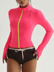 SHEIN Dewbera Women's Hot Pink Summer Sexsy Gym Sports Jacket,Long Sleeve Stand Collar,Contrast Neon Green Zipper,Solid Color Versatile For Running,Yoga,Tennis - Hot Pink - View 6
