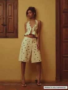 MUSERA 纽扣细节牛仔短裤套装，仅下装，春夏舒适可爱日常少女风度假阳光社交 - 米色 - 查看 2