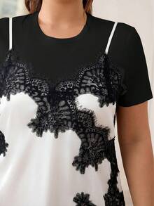 SHEIN EZwear 2026春夏新款休闲吊带背心，适合外出、日常、派对、约会、生日、音乐节、通勤、居家穿着，缎面拼接蕾丝，丝滑柔软，宽松版型，黑色，大码 - 白色 - 查看 6