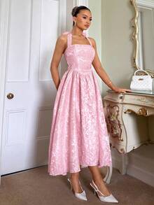 Glamine Charm Spring & Summer Rural Princess Style Satin Jacquard Waist Mesh Skirt Support Halter Neck Womwen Midi Dresses - Pink - View 4