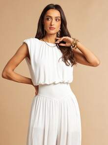 Silquee Bộ jumpsuit nữ màu trơn cổ tròn xếp ly ống rộng phong cách thường ngày - trắng - Xem 4