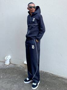 Ngobest Haus Ngobest Haus 男士字母印花连帽拉链夹克和撞色滚边长裤套装，男士两件套，男士街头服饰套装，男士运动服套装，慢跑服，男士慢跑套装，防风夹克/户外防风夹克，派克大衣，街头服饰，慢跑，慢跑套装，运动服套装，男士街头服饰两件套，秋季服装 - 黑色 - 查看 4
