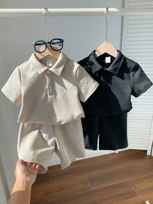 4件套男童休闲经典刺绣图案Polo衫短裤套装，买一送一，两套起售 - 彩色 - 查看 2