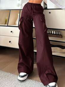 SHEIN EZwear 女士休闲纯色高腰阔腿裤 - 酒紅色 - 查看 2